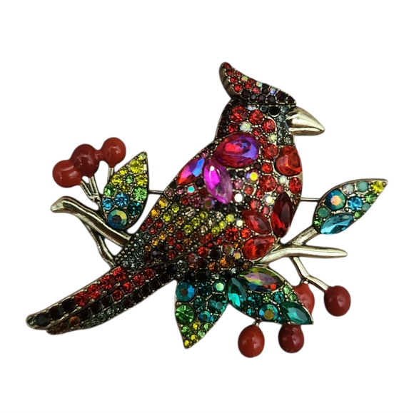 Cardinal & Leaves Colorful Rhinestone  Brooch Pin Bird Holiday Gold Tone - Picture 1 of 10